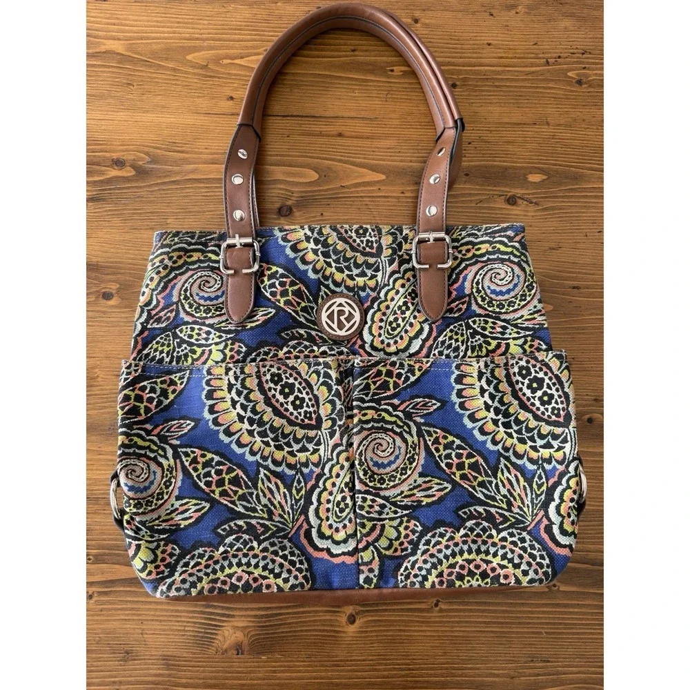 Vintage Relic Purse Tote Blue & Brown Canvas Bohemian Geometric